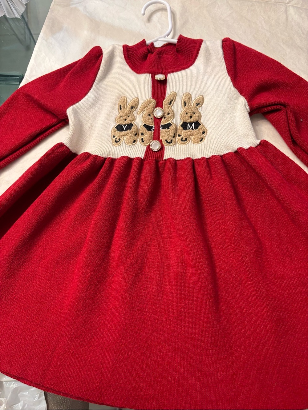 Little Girls Precious Fuzzy Bunnies Red & Cream Knit Dress